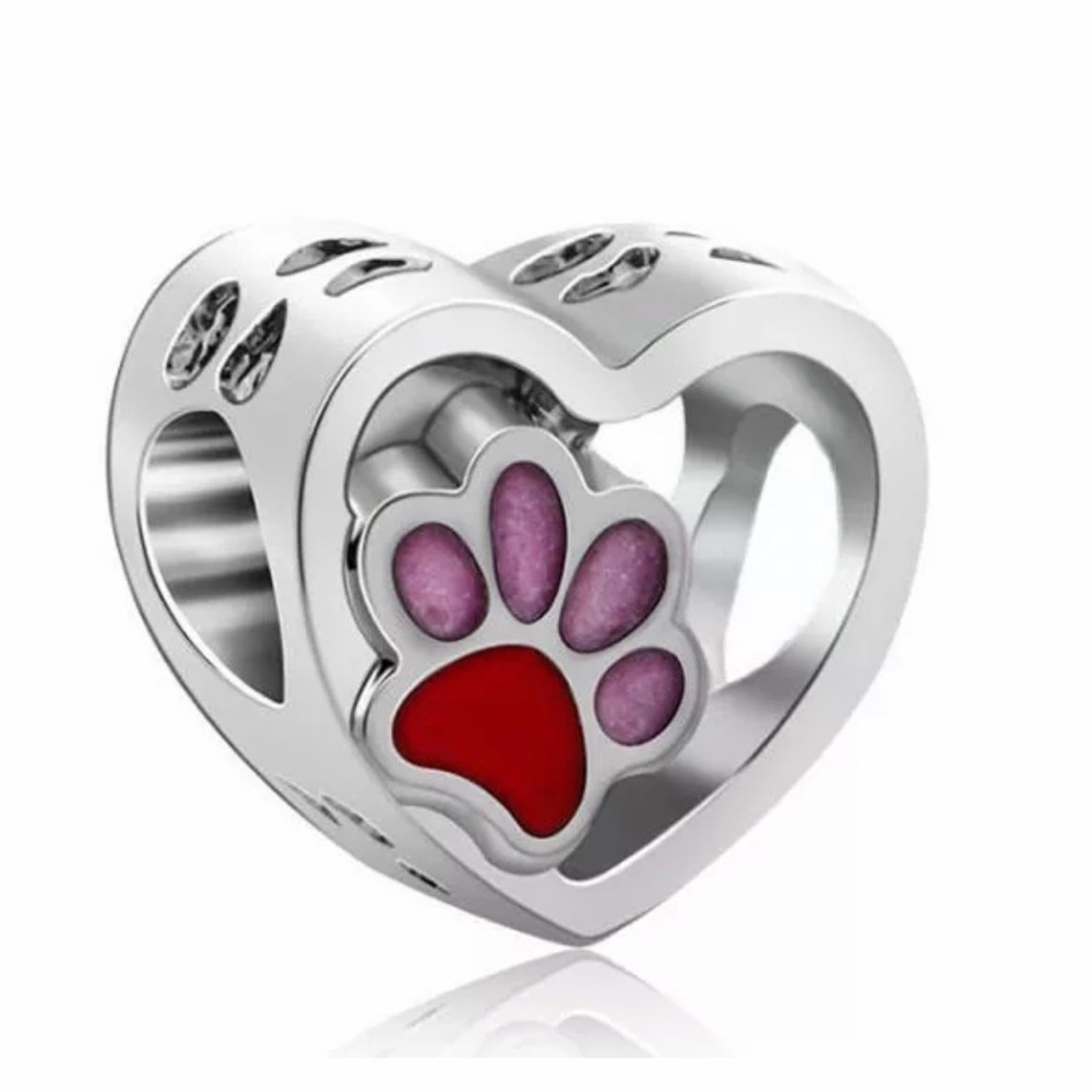 NEW•Silver Heart w/Paw Print DIY charm/bead